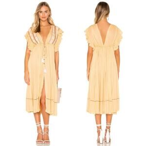 Free People M Midi Dress | Boho Embroidered Gauze, Ruffle Sleeves, Tassel Tie
